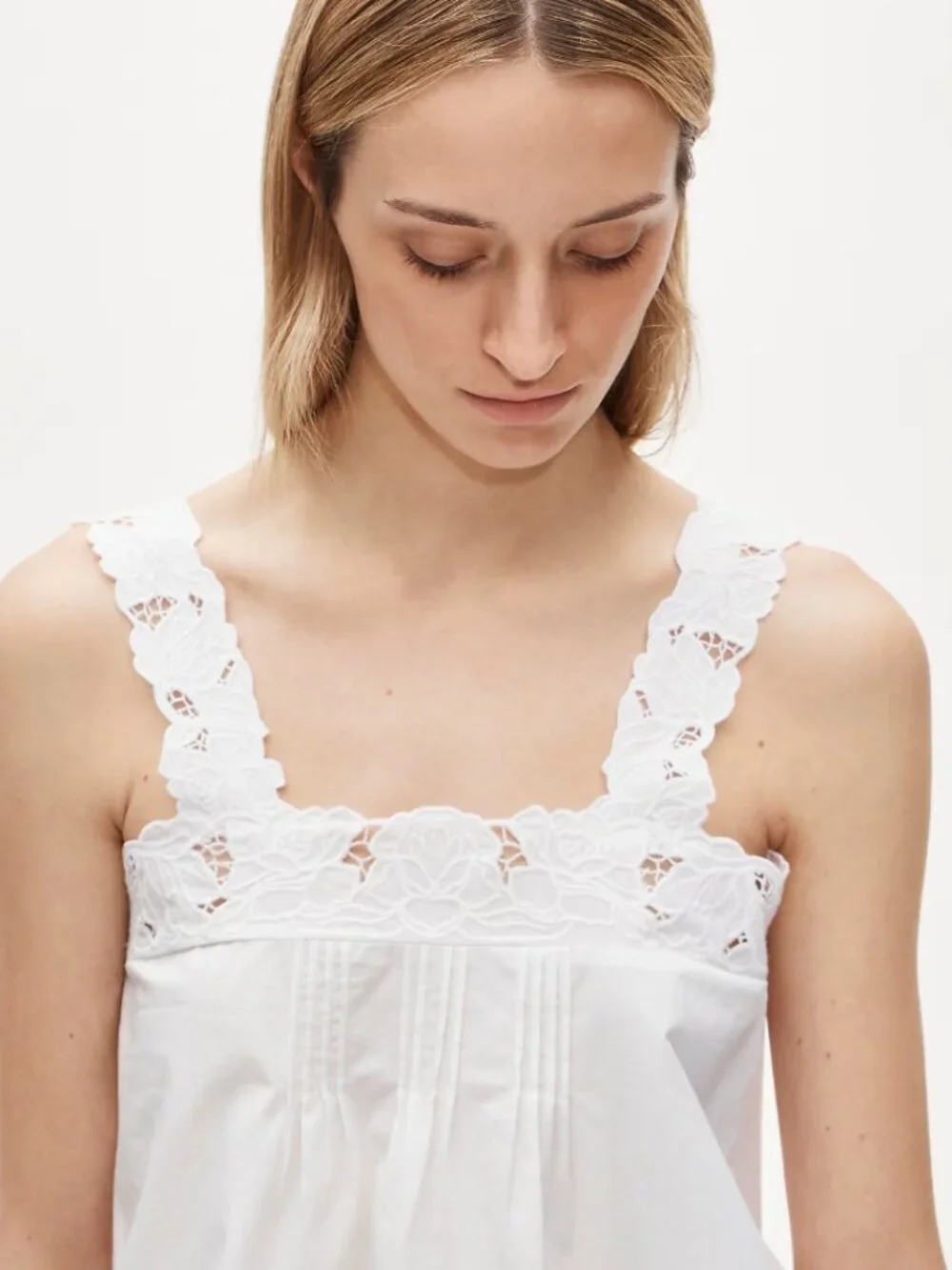New w/ Tags White Lace-Trim Tank Top in Compact Poplin
